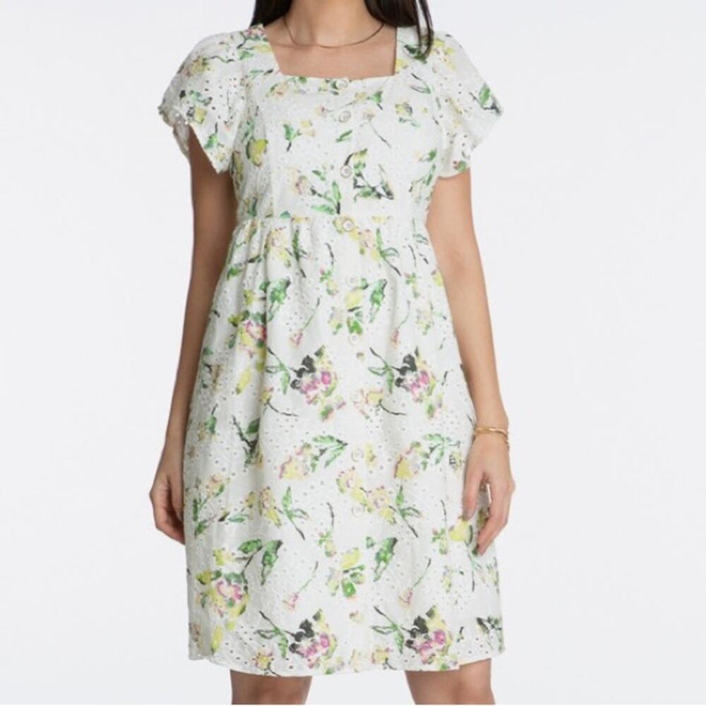 New Adyson Parker Flutter Sleeve White Eyelet Tropical Floral Button Up Dress M